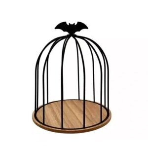 Target NWT Natural Wood & Black Metal Decorative Bat Birdcage Cloche 7.5"HX7"D